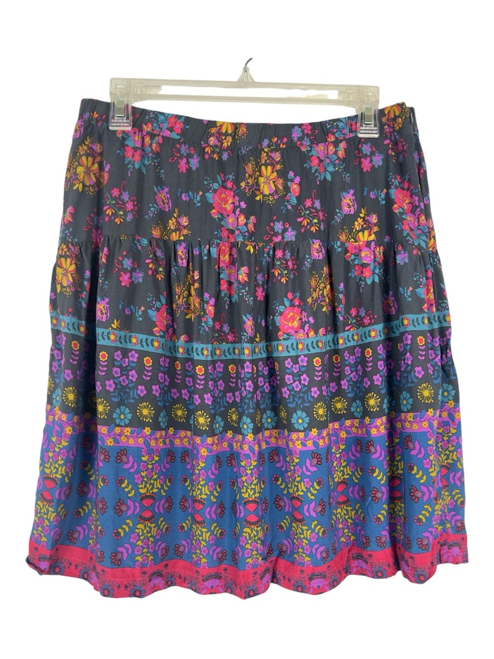 NATURAL LIFE Dark Floral Boho Print Circle Skirt Tiered Side Zip Sz XL